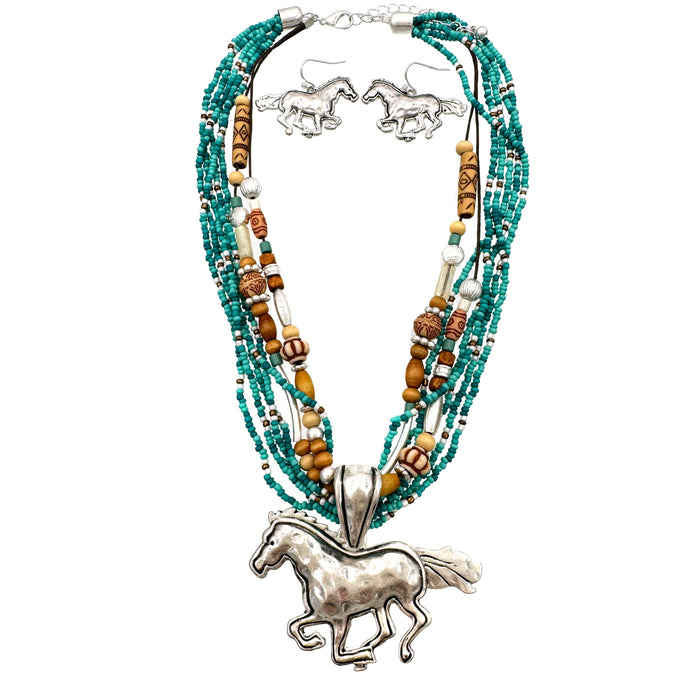 Turquoise Navajo Bead Horse Pendant Necklace: