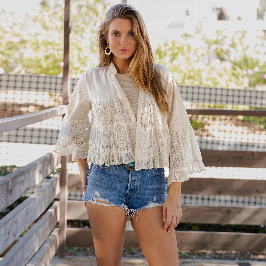Natural Bohemian Breeze Artisan Lace Shrug Ruffle Jacket