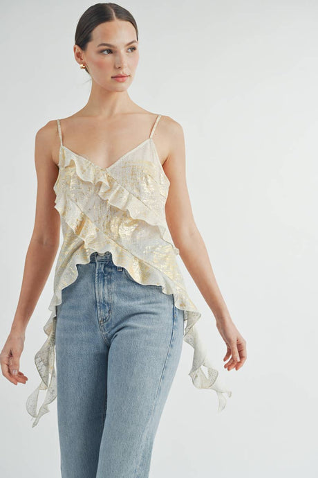 Gold Metallic Asymmetrical Ruffle Cami Top