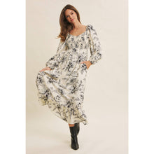 Cream Charcoal Cozy Fall Picnic Floral Smocked Maxi Dress