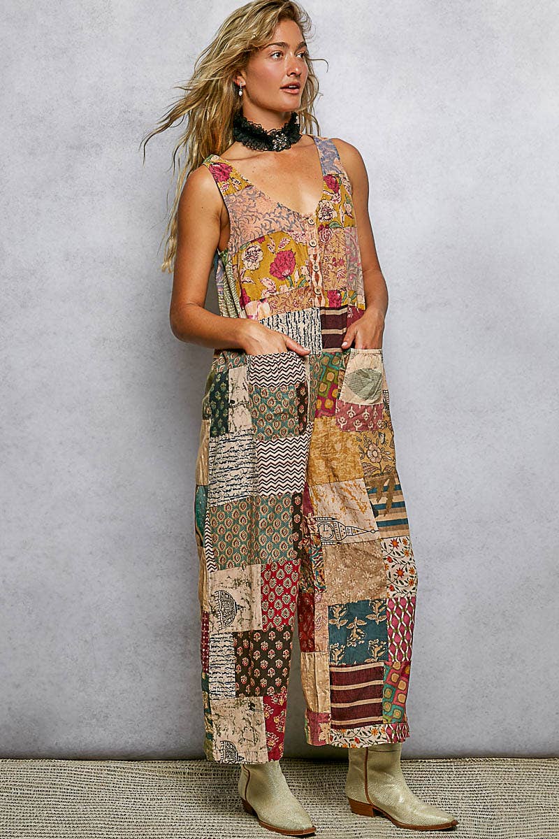 Almond Multi V-neck Sleeveless Varied Patchwork Dual Patch Pocket POL Overalls