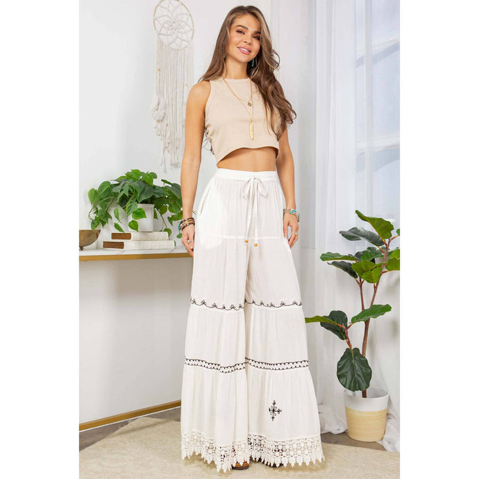 Tiered Bellbottom Pants Embroidered Lace Details: White