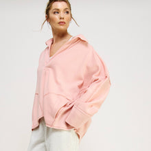 V-NECK POLO OVERSIZED PULLOVER SWEATSHIRT TOP-FZ0015-D2: HEATHER GREY / S