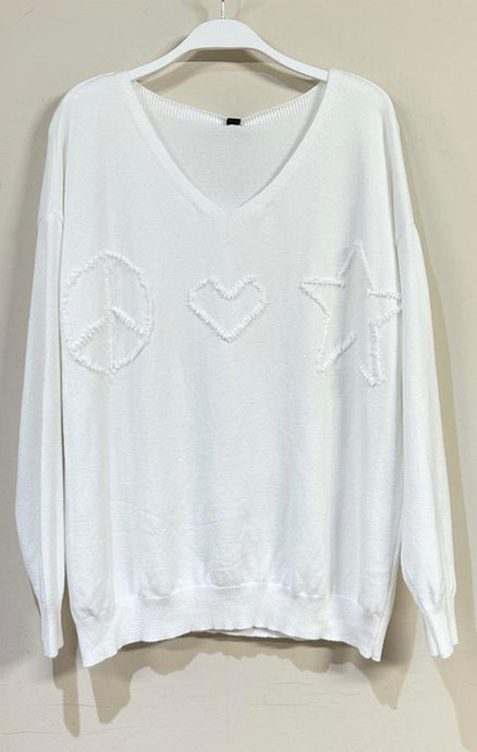 White Fringe Peace Heart Star Venti Sweater 9/14/23 7070