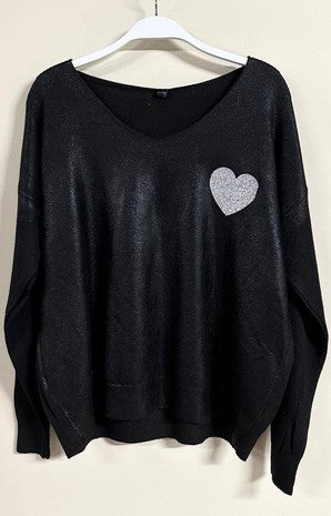 Black V Neck Long Sleeve Heart Shimmer Venti Sweater 9/14/23 7078