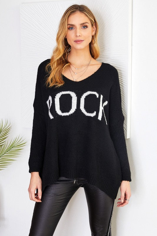Black White Rock Knit V Neck Venti Sweater 9/14/23 7052