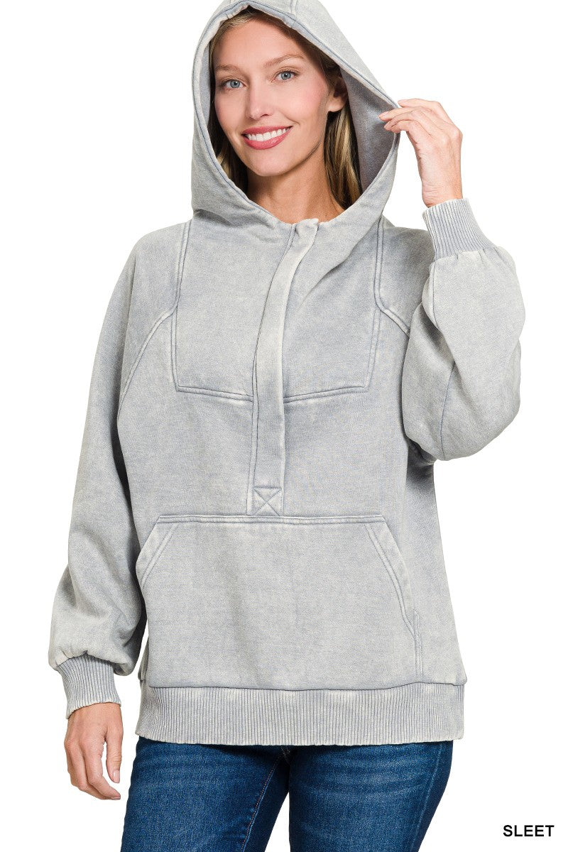 Sleet Acid Wash Fleece Oversized Quarter Zip Zenana Kangaroo Hoodie 10/7/26 1482