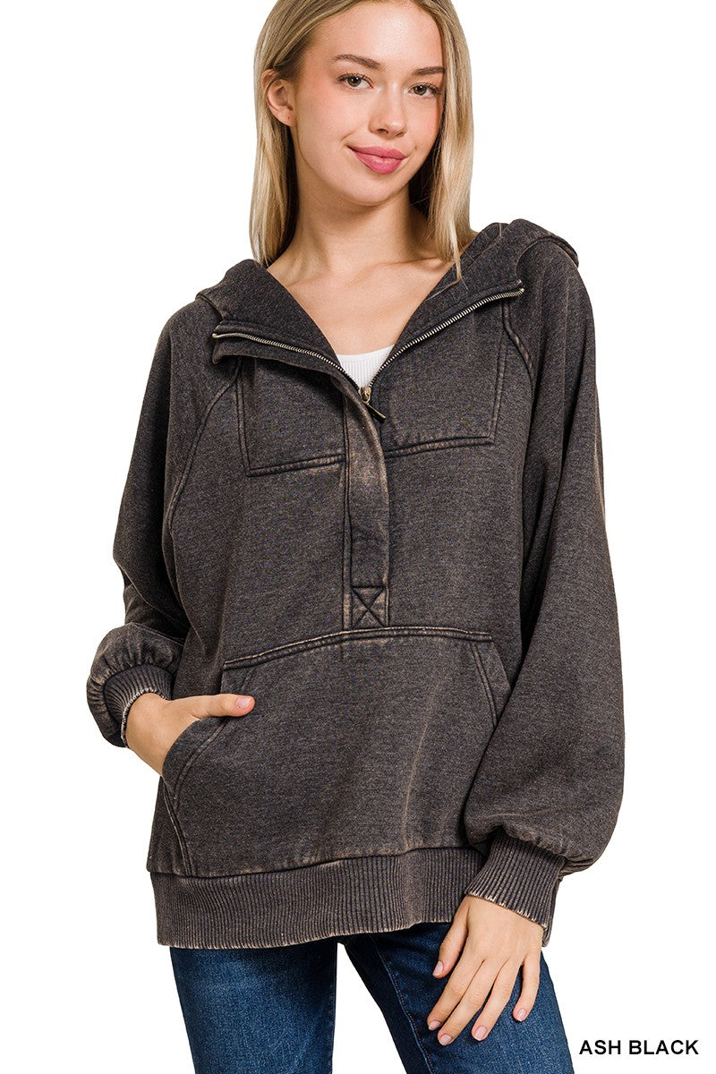 Ash Black Acid Wash Fleece Oversized Quarter Zip Zenana Kangaroo Hoodie 10/7/26 1479
