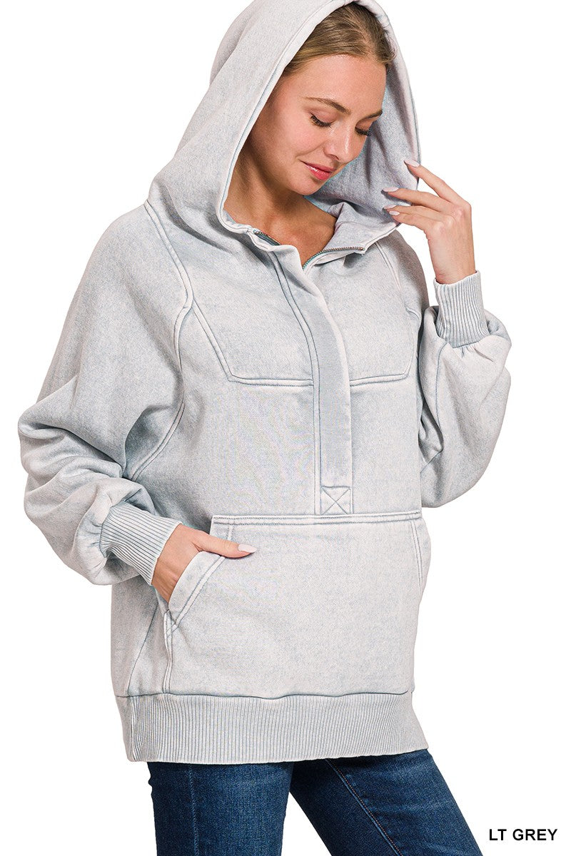 Light Grey Acid Wash Fleece Oversized Quarter Zip Zenana Kangaroo Hoodie 10/7/26 1480