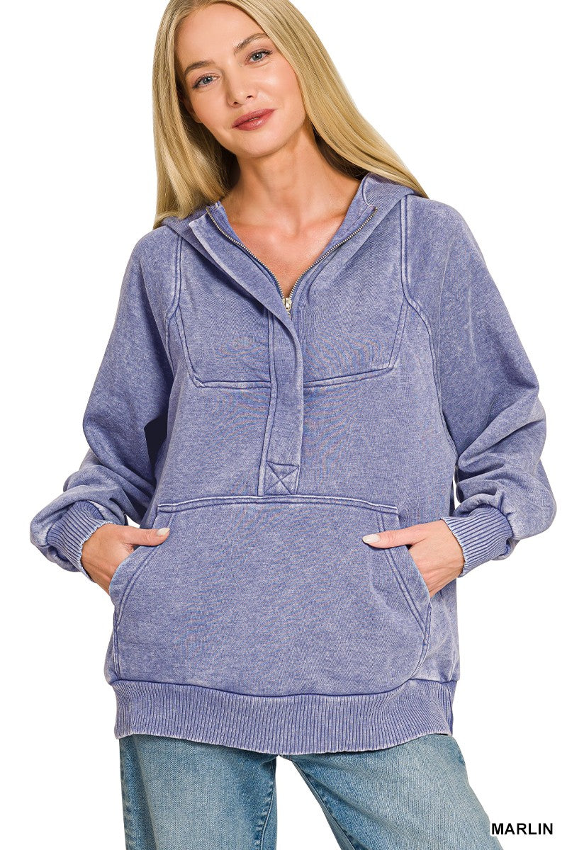 Marlin Acid Wash Fleece Oversized Quarter Zip Zenana Kangaroo Hoodie 10/7/26 1481