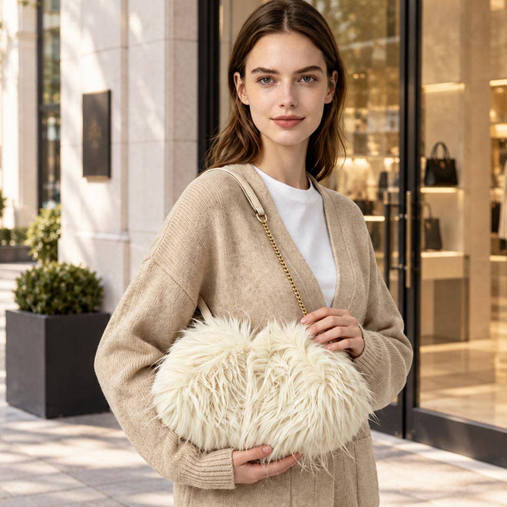 Beige Fluffy Faux Feather Fur Chain Strap Shoulder Handbag