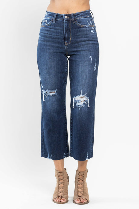 Dark High Waist Destroyed Knee Crop Wide Leg Judy Blue Jeans 11/7/23 7580