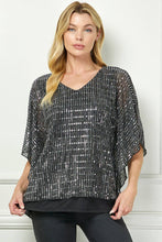 Black Silver Moonlight Hologram Sequin Layered Poncho Blouse