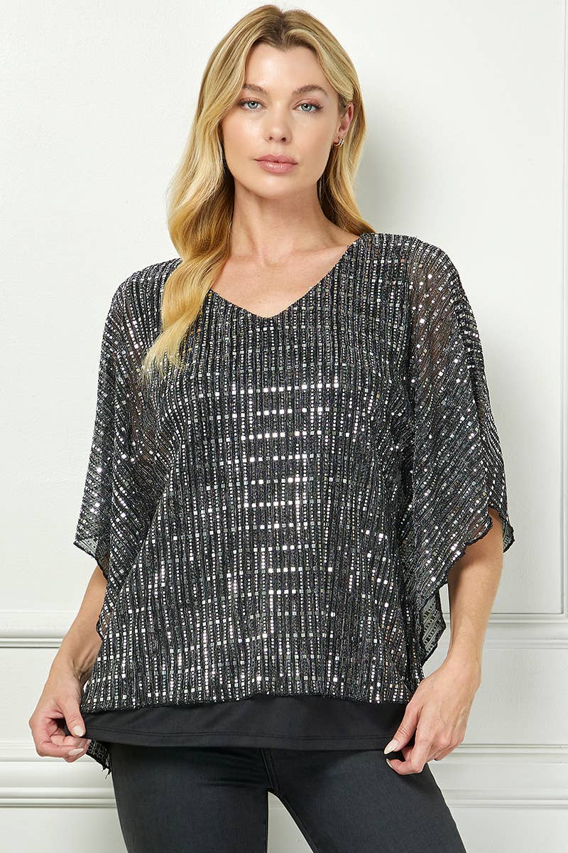 Black Silver Moonlight Hologram Sequin Layered Poncho Blouse