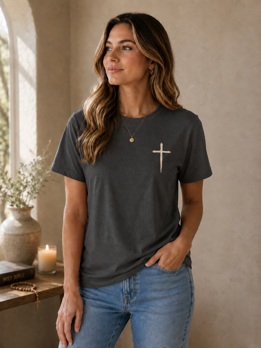 Dark Grey Women's Jesus T-Shirt with Cross