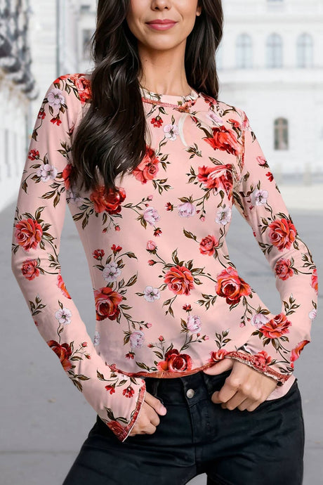 Pink Floral Print Exposed Seam Detail Mesh Long Sleeve Top