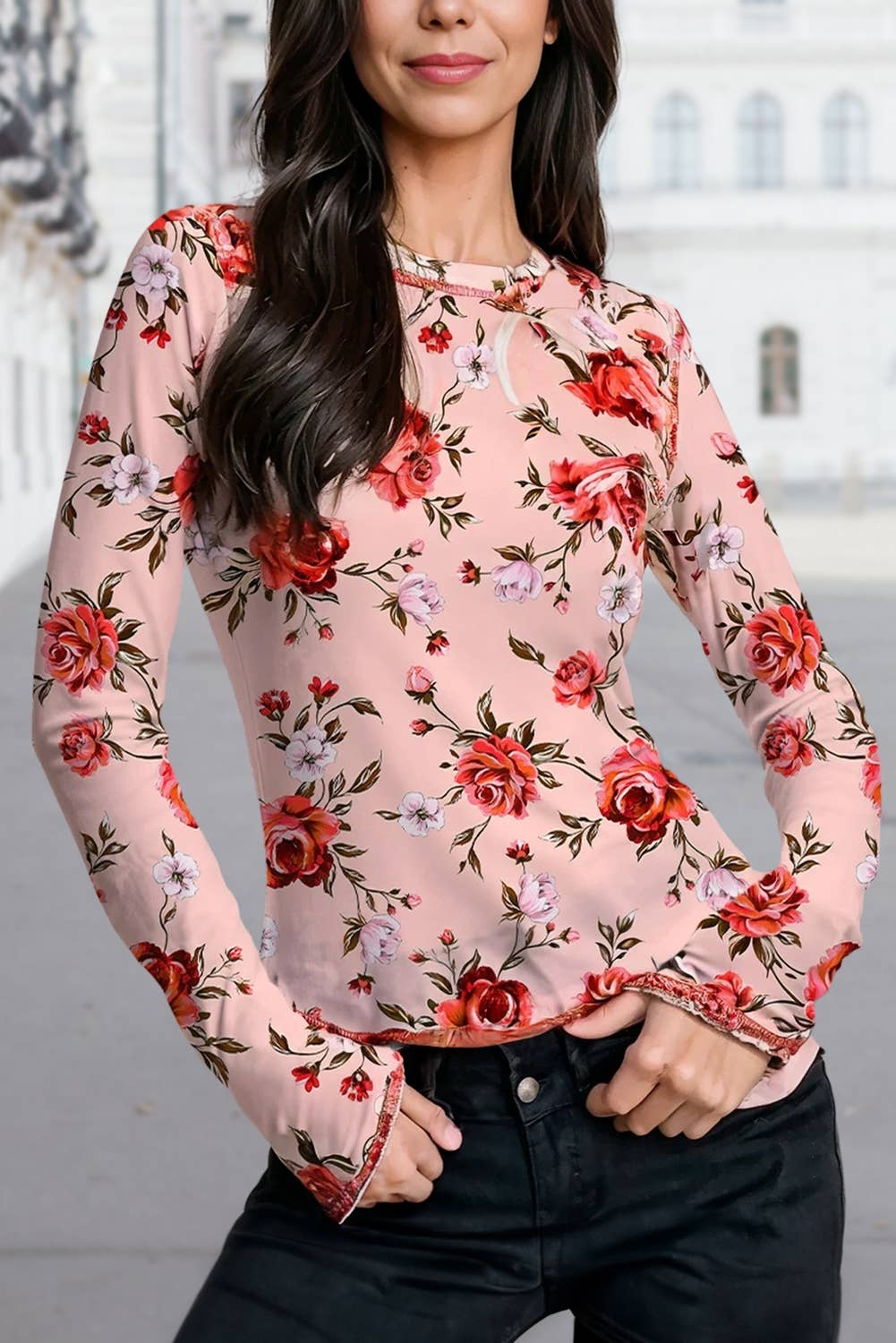 Pink Floral Print Exposed Seam Detail Mesh Long Sleeve Top