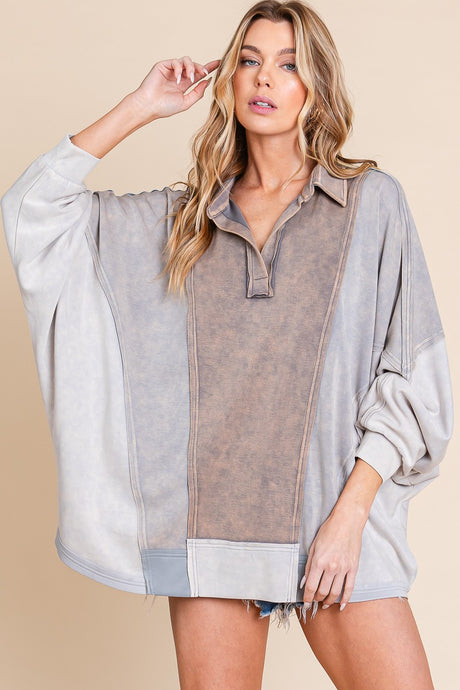 Grey Mineral Wash Color Block Oversized Top 2/28/24 8097