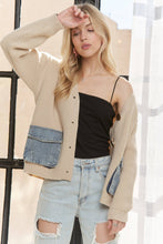 Beige Buttons Striped Denim Pockets Cardigan