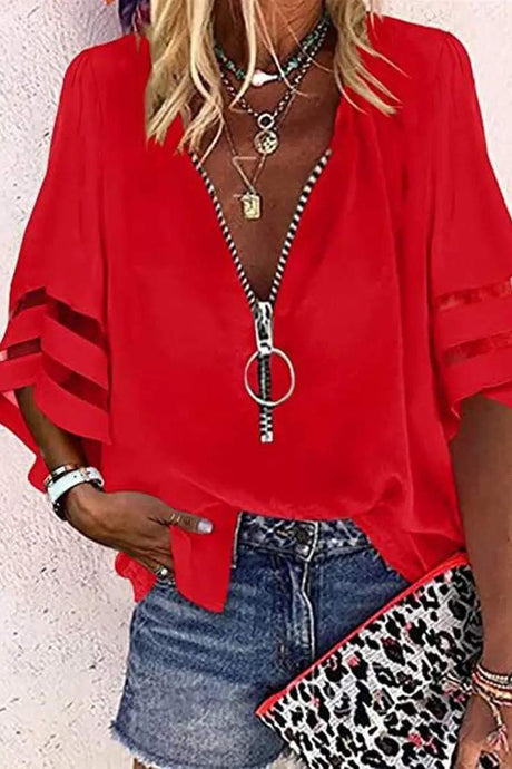 Red Contrast Mesh Bell Sleeve Zip Front Chiffon Top 5/15/24 8593
