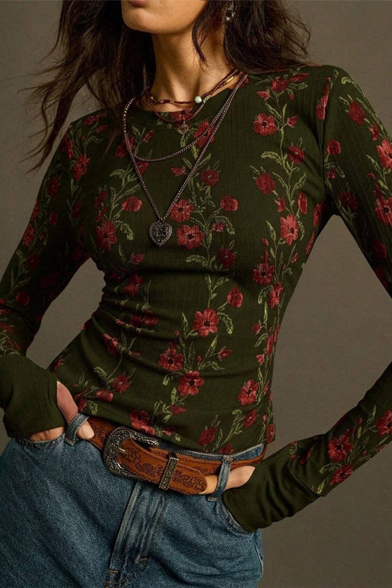 Floral Long Sleeve T-Shirt: GREEN / M