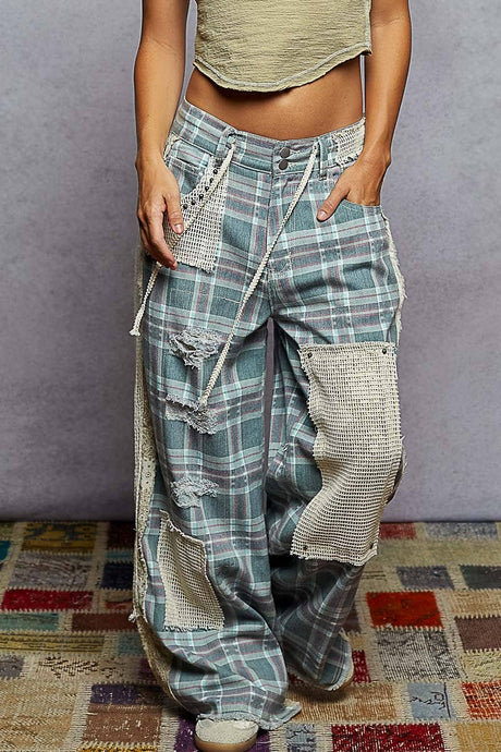 Teal Plaid Stud detail woven denim POL pants