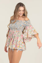 Twin Godet Smocked Off Shoulder Bell Sleeve Top