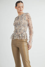 Cream Sheer Smocked Embroidered Mesh Peplum Top
