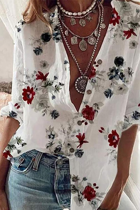White Floral Long Sleeve Button Front Shirt 2/29/24 8109