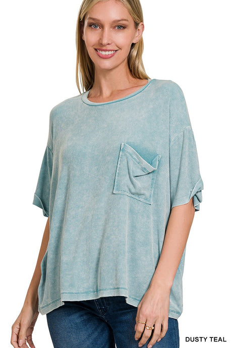 Dusty Teal Washed Ribbed Cuffed Short SLeeve Round Neck Zenana Top 3/26/24 8358