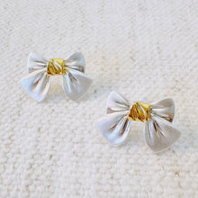 Silver Bow Stud Earrings – Satin-Inspired Bows with Gold Center Accent