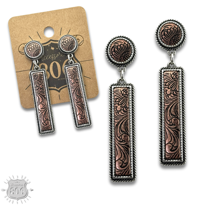 Copper Western tooled look bar earrings
