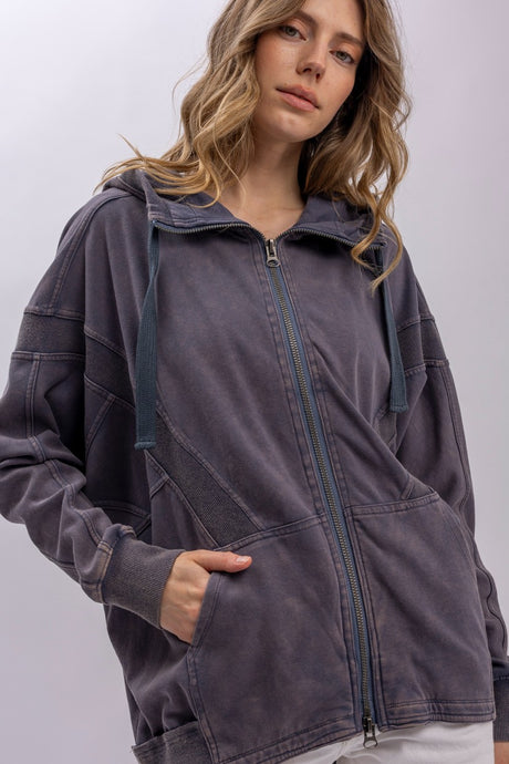 Charcoal Front Zip Hooded Blue Velvet Jacket 7/2/26 1336