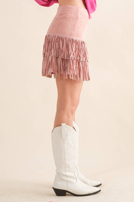 Blue B Suede Star Silver Studded Tiered Fringe Mini Skirt: Pink