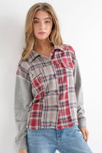Grey Mix Plaid Front Pocket French Terry Shirt Jacket: