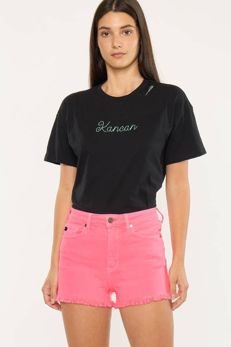 Neon Pink High Rise Denim Kancan Shorts