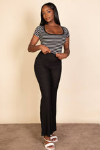 Black White Ribbed Tight Knitted Striped Square Neck Short Sleeve Top