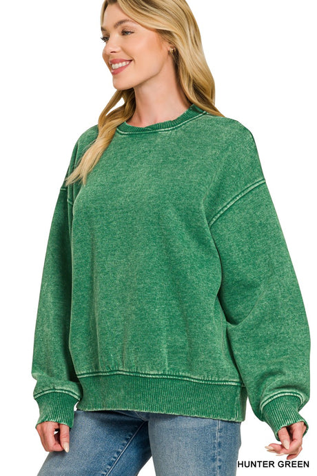 Hunter Green Acid Wash Oversized Fleece Zenana Pullover 10/27/26 1549