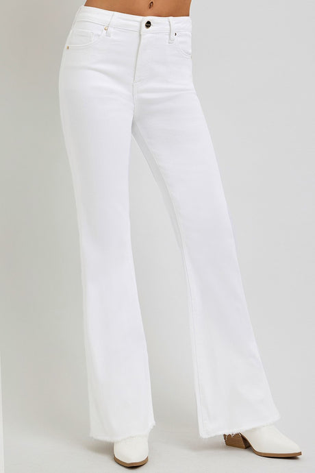 White Tummy Control High Rise Flare Frayed Hem Risen Pants 4/16/25 9752