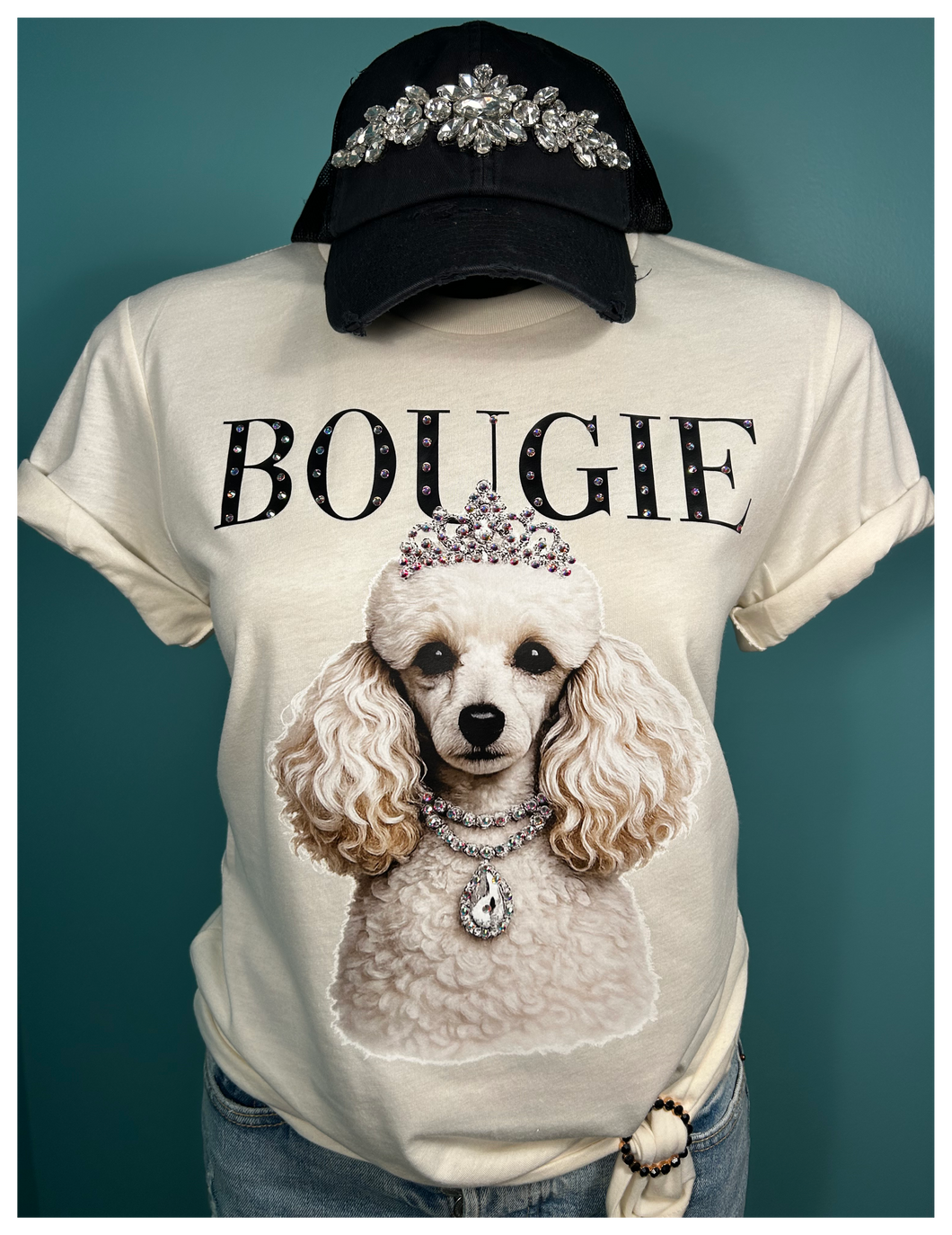 Natural Betty the Bougie Poodle Glam Dog Rhinestone Graphic Tee