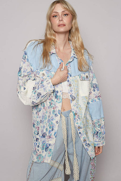 Blue POL Balloon sleeve floral printed woven shirts