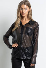 Black Sequined Button Down Long Sleeve Mesh Blouse Shirt