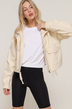 Beige Long Sleeve High Neck Zip Up Short Twill Jacket