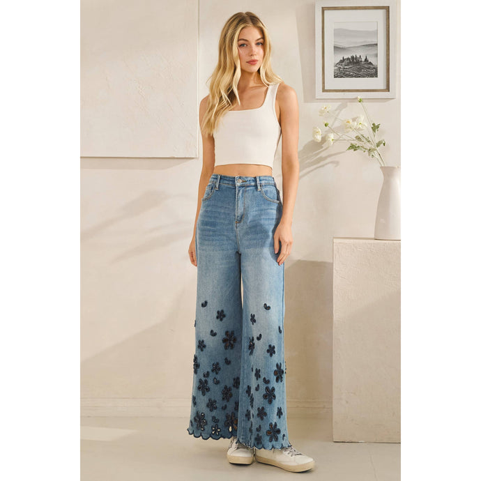 Denim Washed Flower Cutouts Oli+Hali Pants