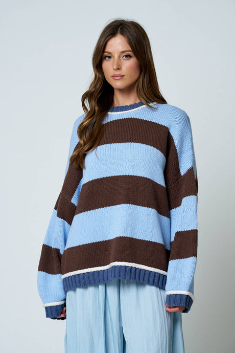 Blue Oversized Stripe Crew Neck Long Sleeve Sweater