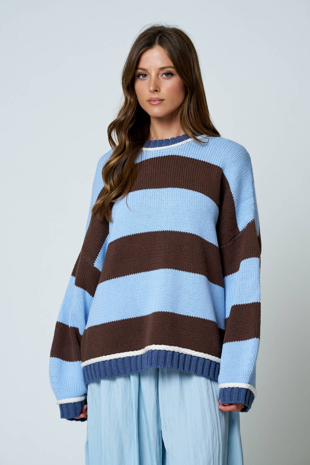 Blue Oversized Stripe Crew Neck Long Sleeve Sweater