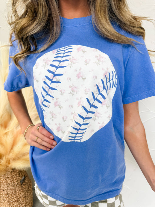 Floral Baseball Blue Tee