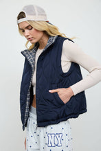 Navy Plaid Collar Quilted Zip Up Vest