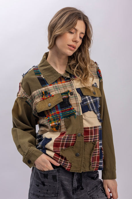Olive Star Patch Plaid Color Block Button Down Blue Velvet Jacket 7/2/26 1339