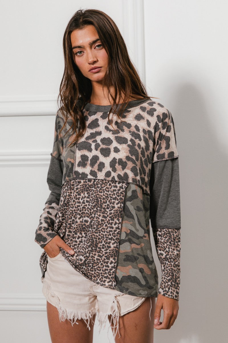 Charcoal Leopard Camo Patchwork French Terry Knit Bibi Top 7/17/25 1021
